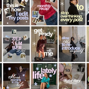 Peut inclure: Une grille de quinze images de réseaux sociaux présentant diverses scènes de vie, tenues et textes superposés incluant des phrases comme monthly recap, get ready with me et digital diary, décorées de petites étoiles et fleurs blanches.