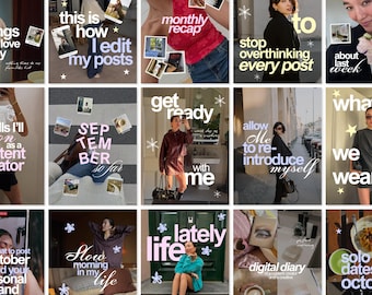 Puede incluir: Una cuadrícula de quince imágenes de publicaciones en redes sociales con diversas escenas de estilo de vida, atuendos y superposiciones de texto que incluyen frases como monthly recap, get ready with me y digital diary, decoradas con estrellas y flores.