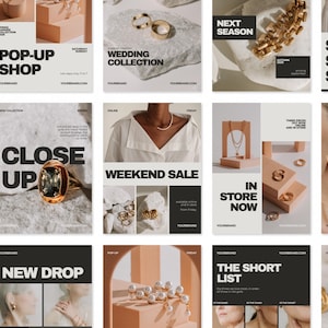 May include: A grid of fifteen social media marketing graphics featuring jewelry, including gold rings, necklaces, and earrings displayed on stone and geometric blocks, with bold black text overlays like Pop-Up Shop, Weekend Sale, and New Drop.