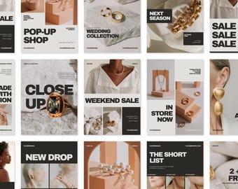 Puede incluir: Una cuadrícula de quince gráficos de marketing para redes sociales con joyas, incluyendo anillos, collares y pendientes de oro sobre bloques de piedra y geométricos, con textos negros superpuestos como Pop-Up Shop, Weekend Sale y New Drop.