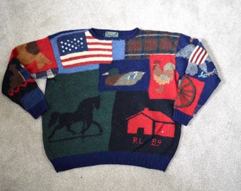 Vintage 80s Rare Ralph Lauren Country Patch Wool Knitwear Men M