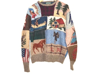Vintage Rare Polo Country Ralph Lauren RL 90 Patch Work Handstrickpullover Männer L