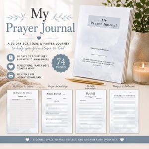 May include: A white "My Prayer Journal" with 74 pages, featuring a 30-day scripture and prayer journey. Includes prayer lists, reflections, and goals. A gold pen and a lit candle are also visible.