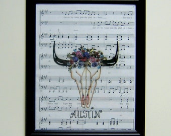 Long horn skull music sheet Hippie colorful picture print teacher lover handmade drawing art wall decor boy gift vintage dorm piano Austin
