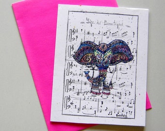 Elephant card greeting card music sheet fun music teacher plain gift birthday thank you card blank piano print party favor congrats prom