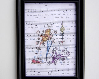 Mermaid music sheet print picture marine festive handmade drawing college high school art vintage wall decor gift girls fun draw mystic boho