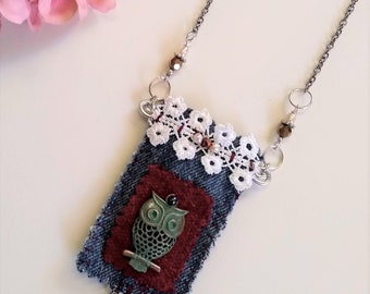Owl necklace amulet boho tribal bohemian bag spiritual large good vibe romantic gift for her women girl casual juvenile handmade pearls lace