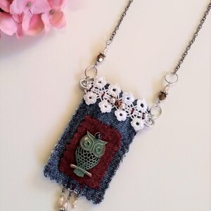 Owl necklace amulet boho tribal bohemian bag spiritual large good vibe romantic gift for her women girl casual juvenile handmade pearls lace