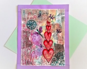 Whimsical Red Hearts paint colorful acrylic collage music sheet dragonfly girl gift vibrant nature paint good vibe positive bohemian style