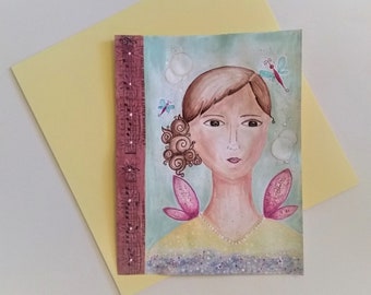 Whimsical sweet girl paint soft colorful acrylic collage music sheet dragonfly bohemian girl gift good vibe positive calm nature positive