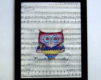 Owl music sheet colorful picture print nursery baby teacher music lover handmade drawing art wall decor boy gift unique piano valentine