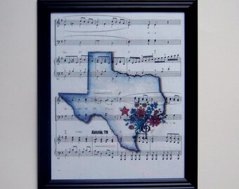 Texas map bluebonnet music sheet Hippie colorful picture print teacher lover handmade drawing art wall decor boy gift vintage unique boho