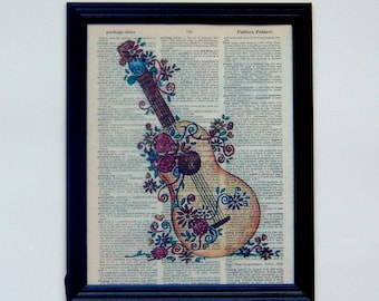 Guitar dictionary page  picture print literature teacher handmade wall decor girl gift prom party favor dictionary valentine class prom