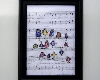 Birds picture print music sheet print art wall decor boy girl baby nursery handmade drawing ilustration piano chorus teacher prom party
