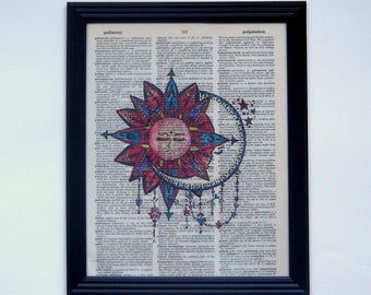 Sun moon dictionary page print picture boho festive handmade drawing college high school art vintage wall decor gift girls unique bohemian