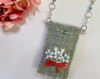 Flowers necklace lace Boho tribal style Bohemian man free good vibes fun Handmade unique Amulet bag Free spirit gift Bogo chic casual long
