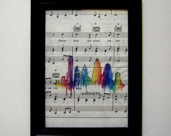 Austin Skyline music sheet picture print piano chorus teacher wall decor girl boy gift prom party favor dictionary rainbow colors classroom