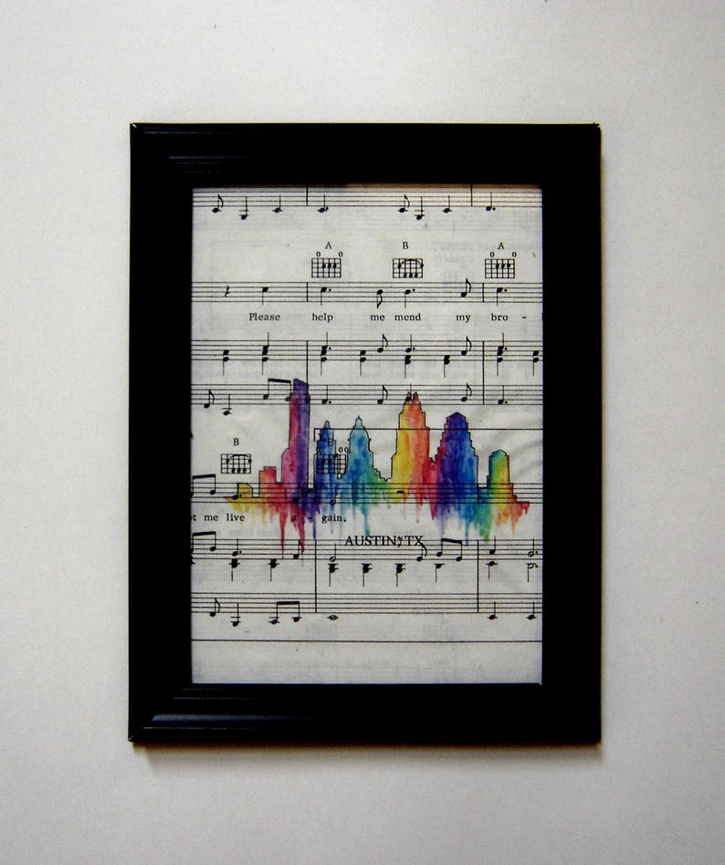 Austin Skyline music sheet picture print piano chorus teacher wall decor girl boy gift prom party favor dictionary rainbow colors classroom 