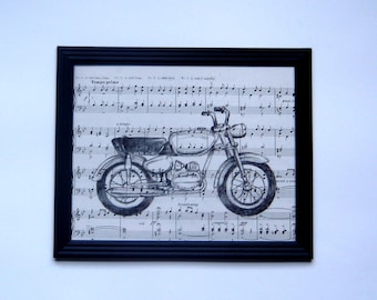 Motorcycle moto picture print art wall decor boy baby boomer hippie music sheet handmade drawing gift vintage ilustration unique music lover