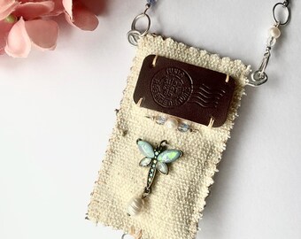 Dragonfly Vintage Necklace Amulet bag Boho tribal postal Bohemian woman  good vibe ethnic Handmade unique Free spirit gift Bogo chic casual