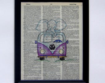 Elephant VW kombi dictionary page print picture hippie festive handmade drawing college prom high school art vintage wall decor gift boy fun