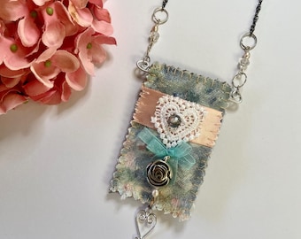 Heart necklace lace Boho tribal style Bohemian man free good vibes fun Handmade unique Amulet bag Free spirit gift Bogo chic casual long
