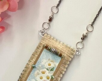 White flowers vintage necklace amulet boho romantic bohemian spiritual gift for her positive vibe casual bogo tribal ethnic chic handmade