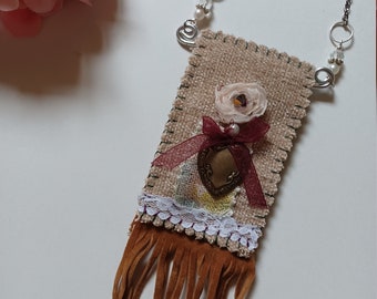 Heart necklace amulet boho antique bohemian tribal bag leather spiritual positive good vibes ethnic gift for her woman free spirit romantic