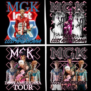 May include: Black t-shirts featuring MGK and "Lost Americana Tour" graphics. One design shows MGK with a guitar in front of a neon sign. Other designs feature MGK's image with text and pink accents.
