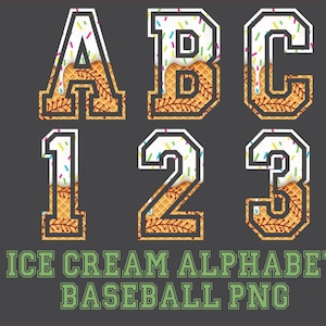 Peut inclure: Graphique numérique avec les lettres A, B et C, et les chiffres 1, 2 et 3. Chaque caractère a un contour blanc et est rempli d'un motif de gaufre sur le thème du baseball, garni de crème glacée et de vermicelles. Le texte "ICE CREAM ALPHABET BASEBALL PNG" est en dessous.