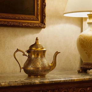 Tetera marroquí de latón macizo hecha a mano – Tetera bohemia grabada, capacidad para 2-3 vasos, decoración marroquí de latón vintage