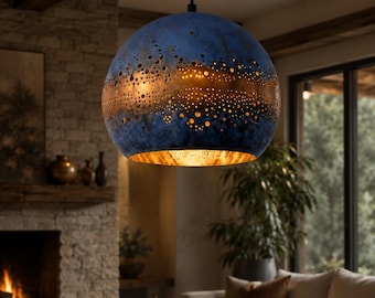 Blue Patina Moroccan Pendant Light, Handmade Brass Copper Dome Lamp