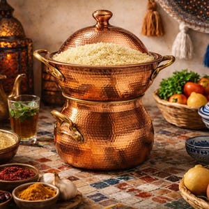 Peut inclure: Un couscoussier en cuivre rempli de couscous, avec un couvercle assorti. Le pot est posé sur une table avec divers bols d'épices, de légumes et un tajine marocain traditionnel. La scène est éclairée d'une lumière chaleureuse et accueillante.