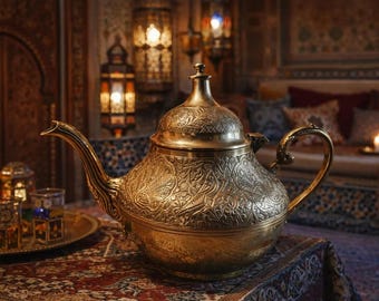 Handcrafted Moroccan Solid Brass Teapot 26cm | Engraved Boho Serveware, Vintage‑Inspired Brass Décor, 3–4 Glass Capacity