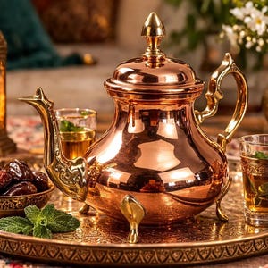 Peut inclure: Un service à thé en cuivre avec une théière, des verres et un plateau. La théière a une poignée et un couvercle décoratifs. Le plateau contient des dattes et des feuilles de menthe. Une lanterne allumée et un vase de fleurs sont en arrière-plan.