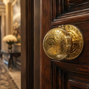 Könnte beinhalten: Ein runder Türknauf aus poliertem Messing mit detaillierten, geprägten Blumen- und Rankenmustern. Der Knauf ist an einer dunklen Holztür mit sichtbarer Maserung befestigt und weist eine metallische Oberfläche auf, die das Licht reflektiert.