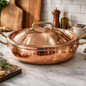 Cacerola marroquí artesanal con tapa – Cacerola con asa de latón martillado – Utensilios de cocina de cobre macizo