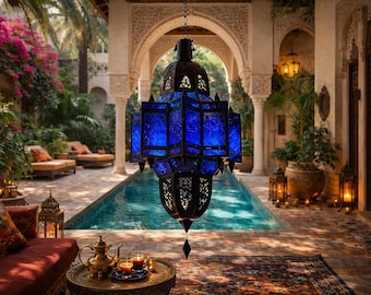Farol marroquí de cristal azul, lámpara colgante de latón, lámpara colgante estilo bohemio.