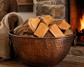 Hammered Copper Firewood Basket, Handmade Moroccan Fireplace Log Holder