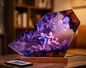 Lampada da notte in legno e resina epossidica realizzata a mano: luce notturna a tema anime per videogiocatori.
