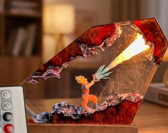 Anime-style night lamp, handmade from natural wood and epoxy resin. The unique night lamp is a personalized gift for him.