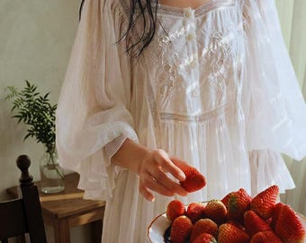 Vintage Cotton Nightgown, Victorian Long Lounge Sleep Dress, Cottagecore Modest Nightwear
