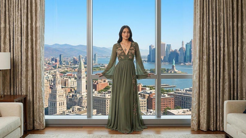 May include: A long, olive green dress with long, flowing sleeves and floral embroidery. The dress is worn by a person standing in front of a large window overlooking a cityscape. The dress has a V-neckline and a flowing skirt.