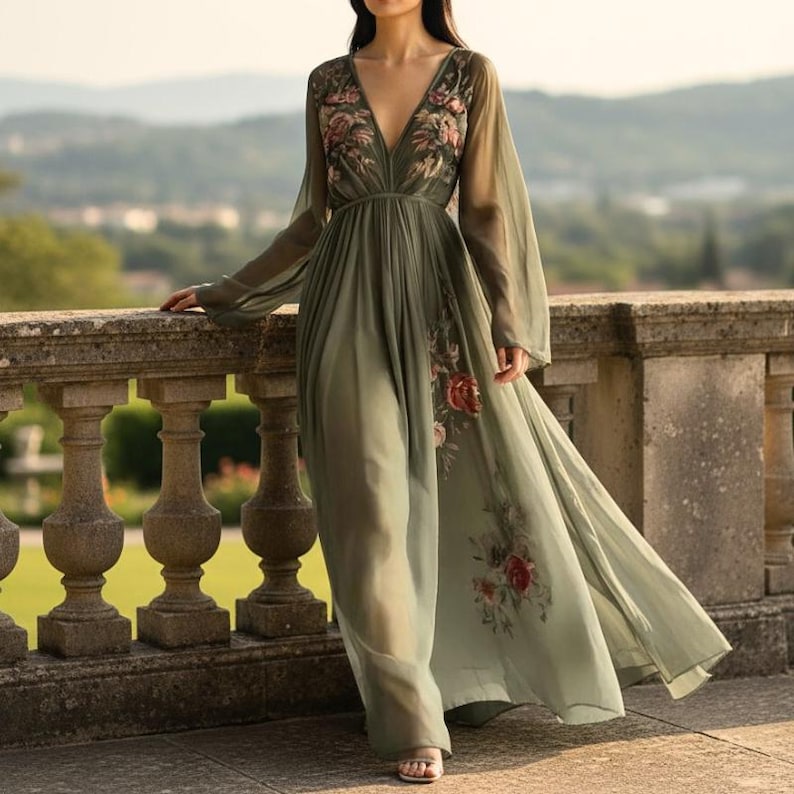 May include: An olive green formal dress with a V-neckline and long, sheer sleeves. The dress features floral embroidery on the bodice and a floral print on the skirt. The dress has a flowing, floor-length design.