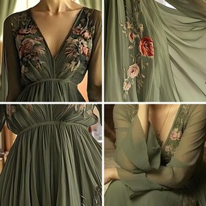 May include: Olive green dress with a V-neckline and long, sheer sleeves. The bodice and sleeves feature floral embroidery in shades of pink and cream. The dress has a flowing skirt and a cinched waist, creating an elegant silhouette.