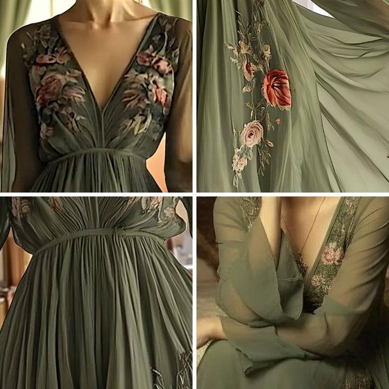 May include: Olive green dress with a V-neckline and long, sheer sleeves. The bodice and sleeves feature floral embroidery in shades of pink and cream. The dress has a flowing skirt and a cinched waist, creating an elegant silhouette.