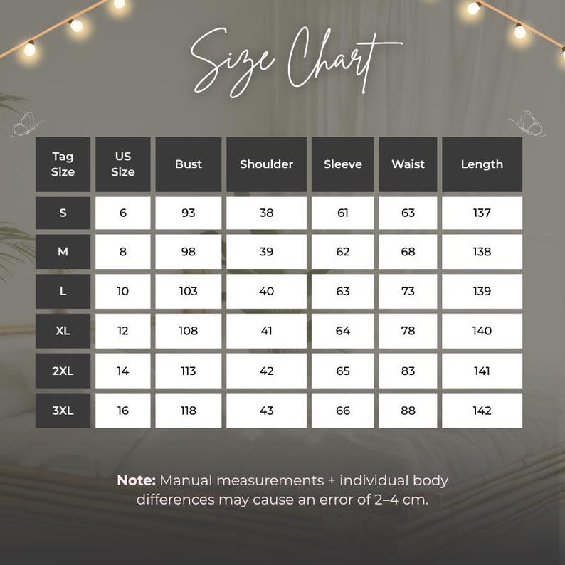 May include: A size chart with measurements in centimeters for bust, shoulder, sleeve, waist, and length. Sizes range from S to 3XL, with corresponding US sizes. The chart includes a note about potential measurement errors.