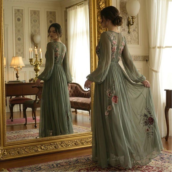 Boho Floral Chiffon Maxi Dress, V-Neck Long Sleeve A-Line Wedding Guest Outfit