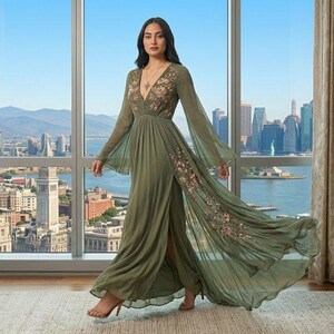 May include: An olive green maxi dress with long, flowing sleeves and a high slit. The dress features floral embroidery on the bodice and skirt. The model is standing in front of a large window with a city view.