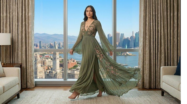 May include: An olive green maxi dress with long, flowing sleeves and a high slit. The dress features floral embroidery on the bodice and skirt. The model is standing in front of a large window with a city view.